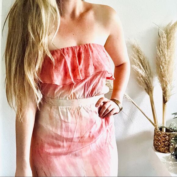 GYPSY 05 REVOLVE Cream Pink Tie Dye Ruffle Strapless Maxi Beachy Boho Dress S - Picture 5 of 7